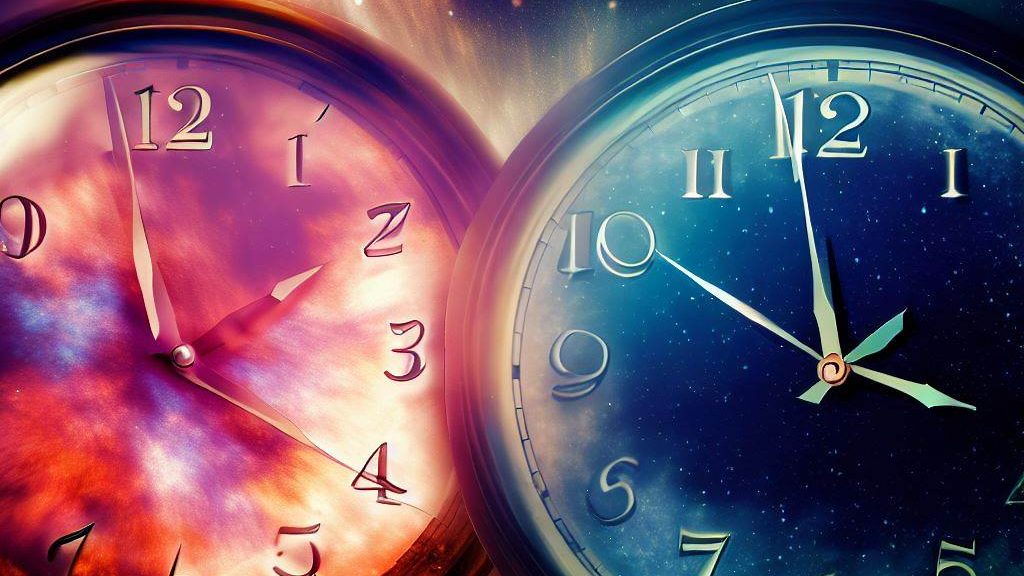 two clocks showing different times with a cosmic nebula background