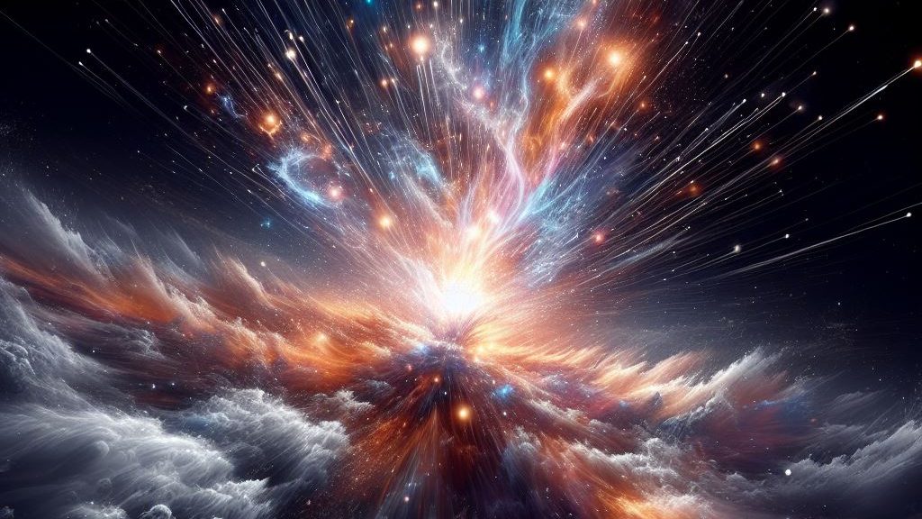 A visual representation of the Big Bang, perhaps with an explosion of energy and matter emerging from a highly ordered, low-entropy state, symbolizing the proposed initial conditions that gave rise to the arrow of time.