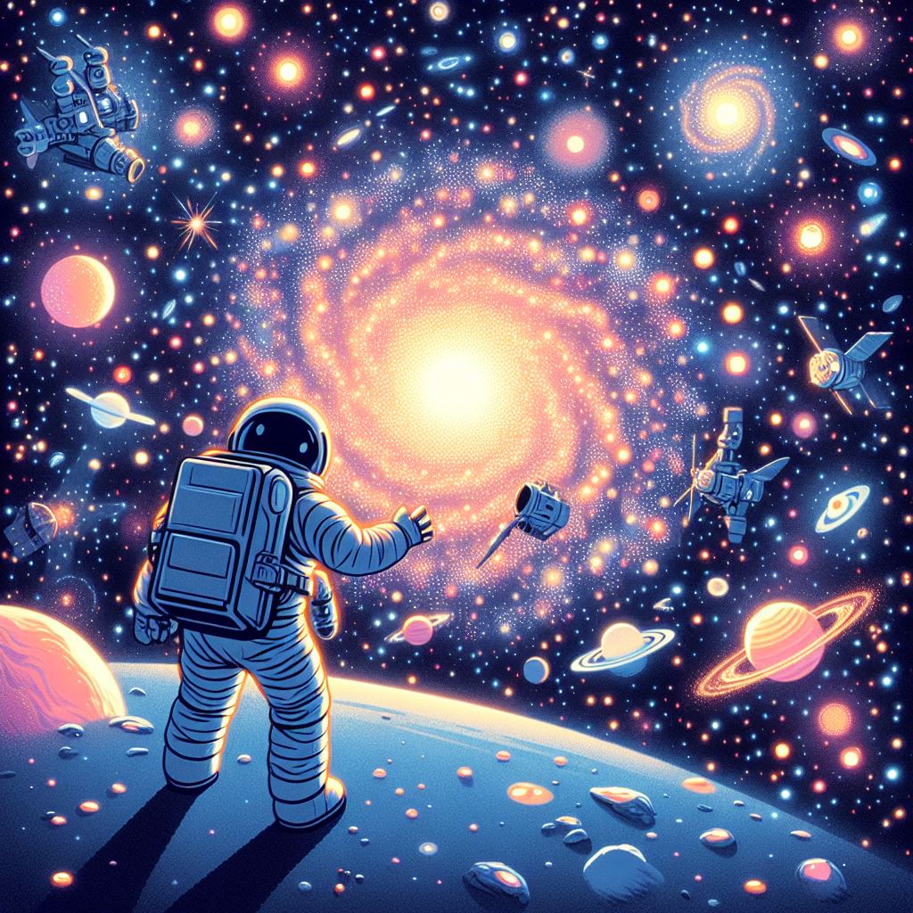 astronaut encountering an infinite number of new galaxies, stars, and celestial phenomena, with no end in sight