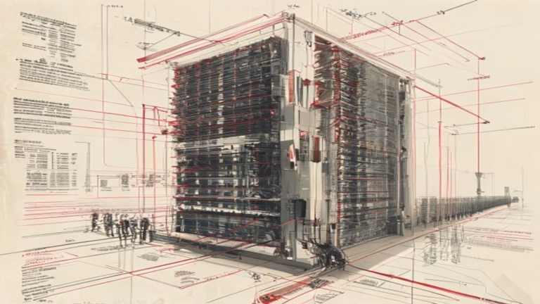 AI data center power bottleneck illustrated as a server rack tethered to an electrical substation