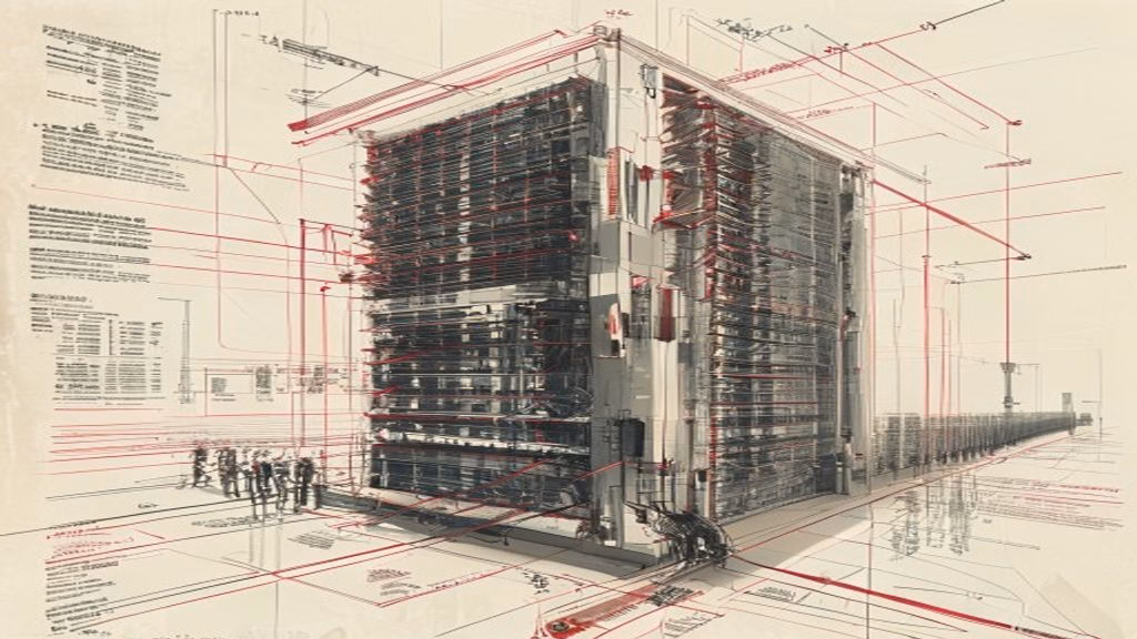 AI data center power bottleneck illustrated as a server rack tethered to an electrical substation