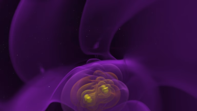 NASA visualization of merging black holes emitting gravitational waves, related to primordial black hole candidate S251112cm