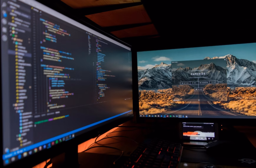 Developer workstation with dual monitors, illustrating GitHub Copilot code review