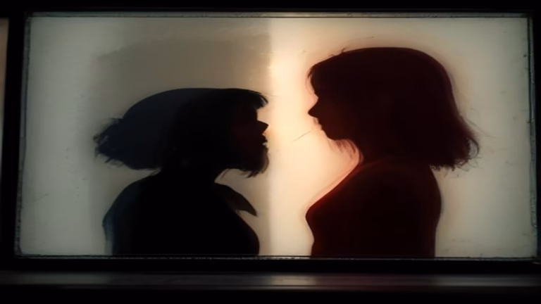 Painterly illustration of two silhouetted figures debating over a glowing crimson chip substrate, symbolizing the Intel glass core substrate hype-versus-reality debate