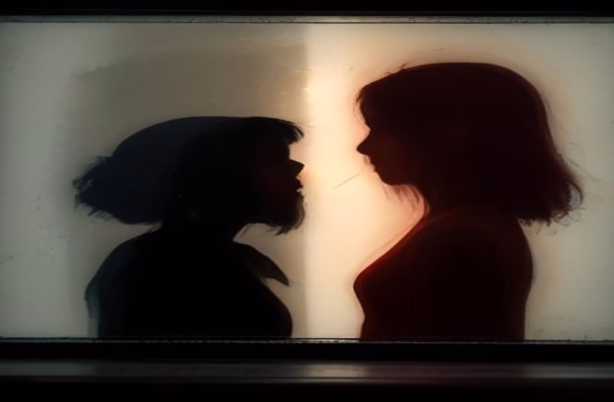 Painterly illustration of two silhouetted figures debating over a glowing crimson chip substrate, symbolizing the Intel glass core substrate hype-versus-reality debate