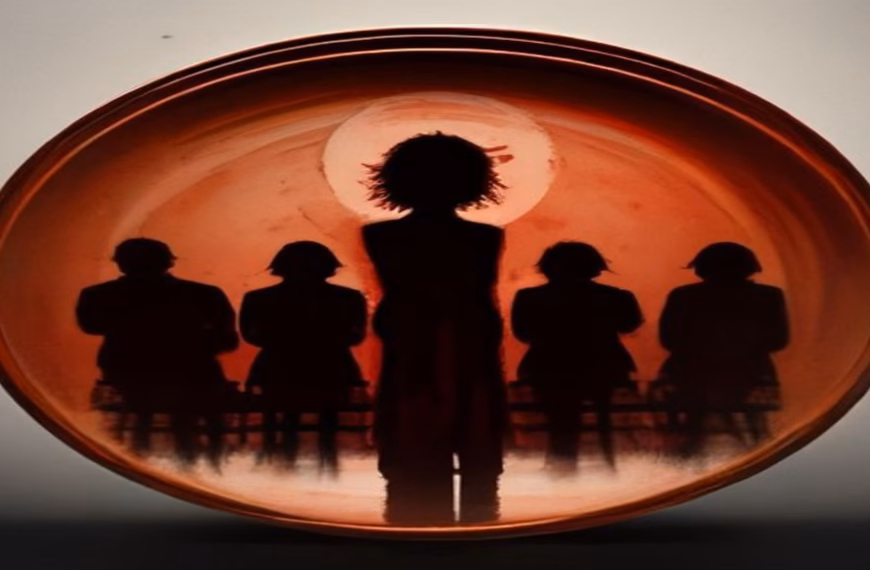 Painterly illustration of a lone silhouetted figure facing four seated figures, symbolizing Anthropic absent from the Agent Plugins 1.0 coalition