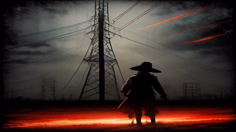 Painterly illustration of a grid operator facing ghostly duplicate transmission towers symbolizing phantom data center power demand