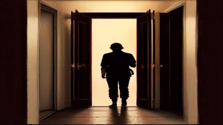 Silhouetted figure crossing a doorway threshold into open light, symbolizing an AI coding agent browsing beyond localhost