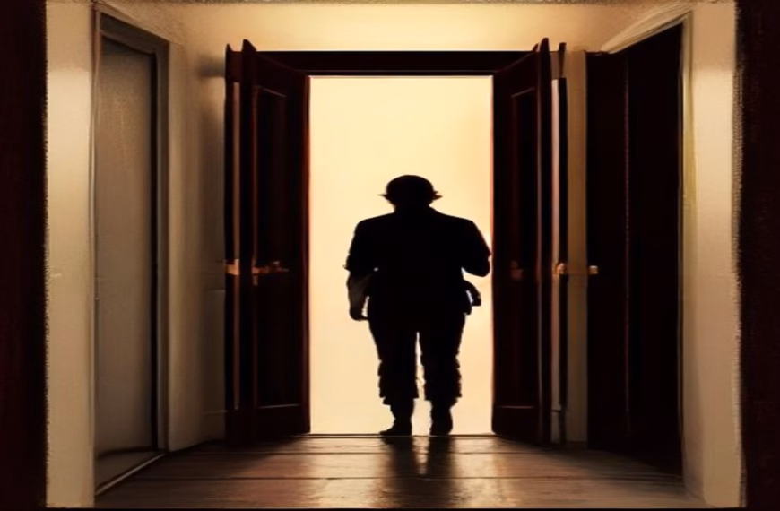 Silhouetted figure crossing a doorway threshold into open light, symbolizing an AI coding agent browsing beyond localhost