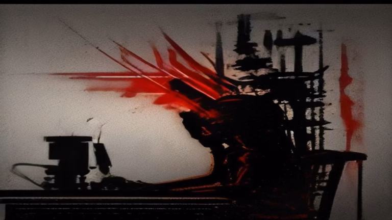 Painterly illustration of a silhouetted figure at a trading terminal as an AI trading agent loses money on a falling red chart