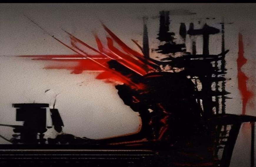 Painterly illustration of a silhouetted figure at a trading terminal as an AI trading agent loses money on a falling red chart