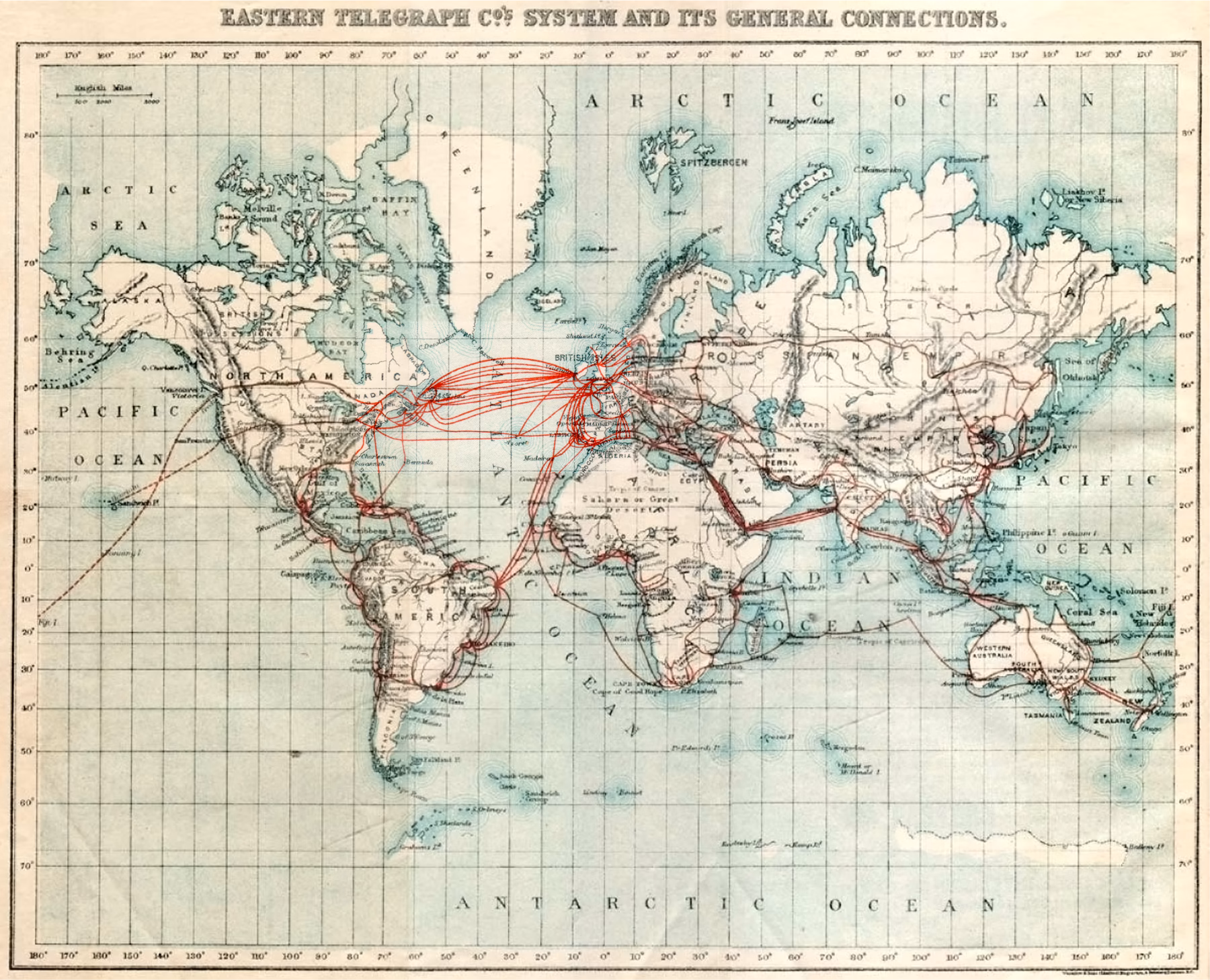 1901 chart of the Eastern Telegraph Company's worldwide submarine telegraph cable routes