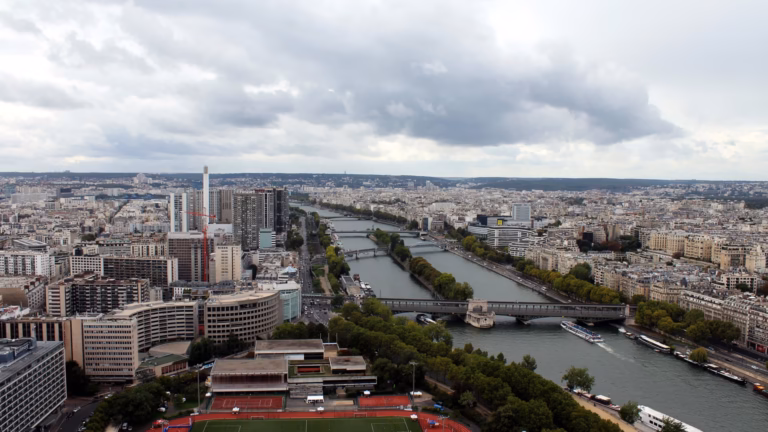 The view down from the Eiffel Tower over the Seine, the drop Franz Reichelt jumped into in his parachute suit in 1912