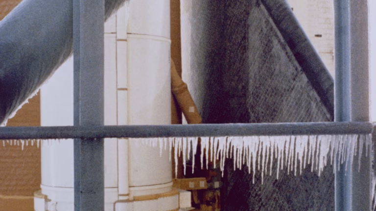 Icicles on the launch tower at Kennedy Space Center on the morning of Challenger's launch, 28 January 1986