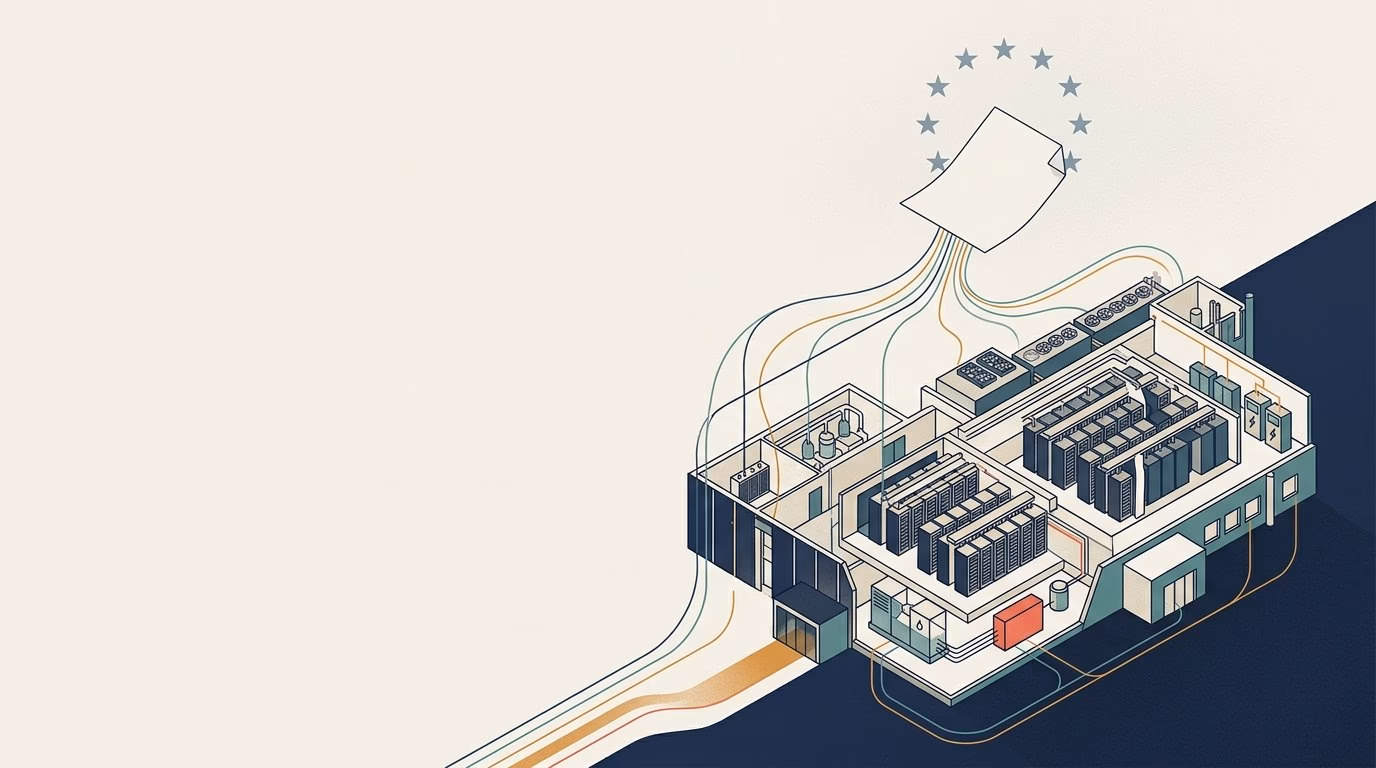 Illustration: a cutaway data centre whose energy, water and waste-heat flows rise as coloured lines into a single report sheet, framed by a ring of EU stars.