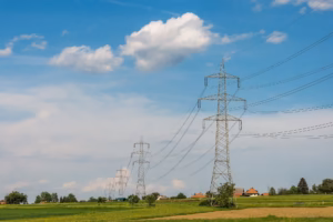 High-voltage transmission lines and pylons of the European interconnected grid at Radendorf, Arnoldstein, Austria