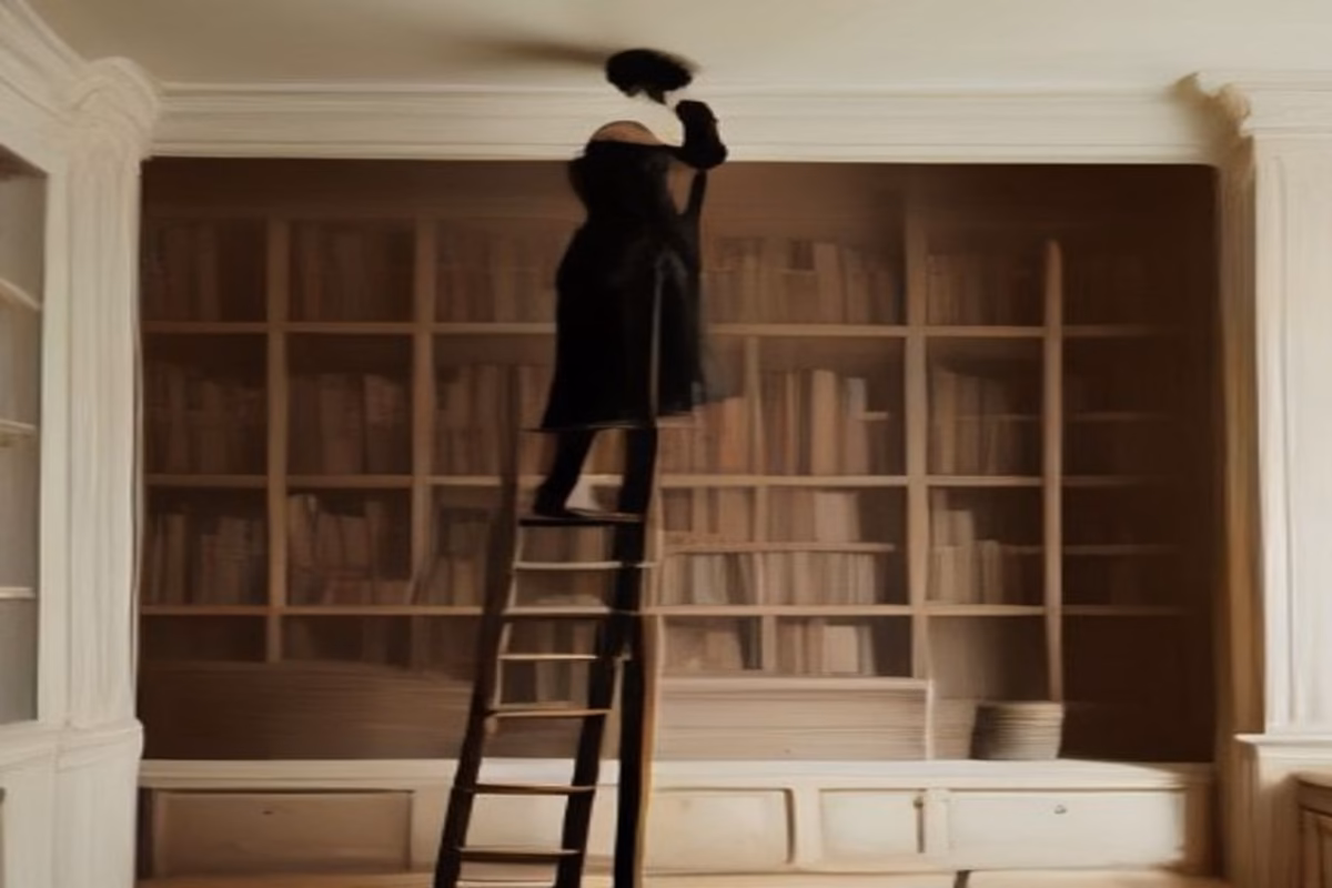 AI model collapse illustration: a silhouetted figure on a ladder reaching into a towering wall of books, the human-written text stock that AI training is exhausting