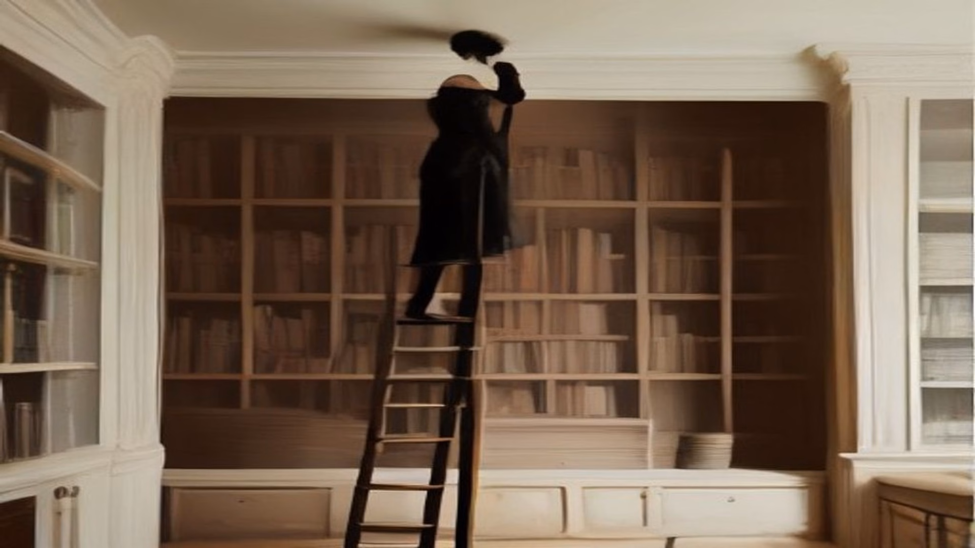AI model collapse illustration: a silhouetted figure on a ladder reaching into a towering wall of books, the human-written text stock that AI training is exhausting