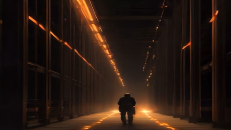 800V DC power AI racks: an engineer walking the aisle between towering data center server racks lit by power distribution runs