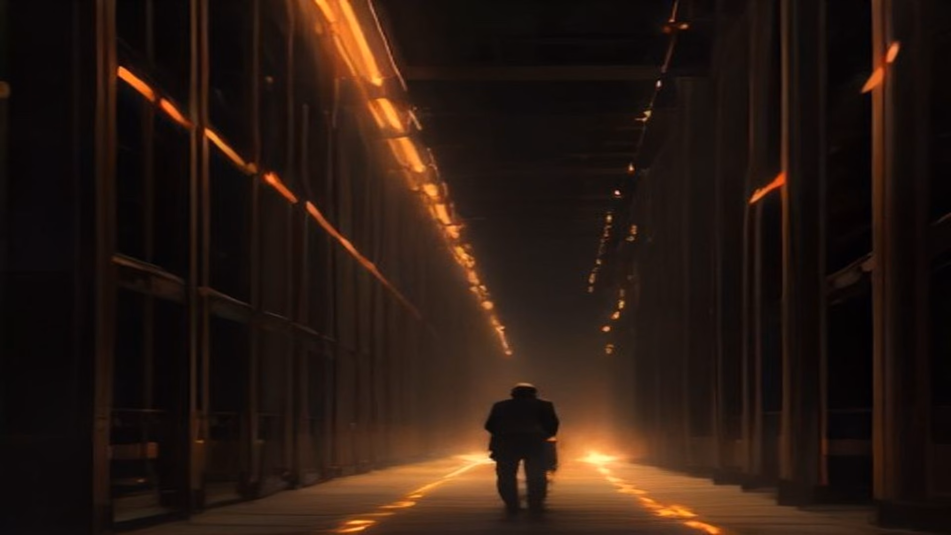 800V DC power AI racks: an engineer walking the aisle between towering data center server racks lit by power distribution runs