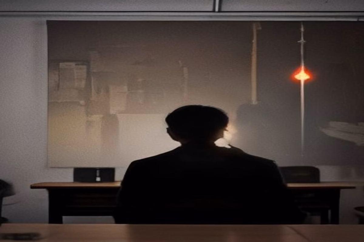 Challenger O-ring temperature decision: a lone silhouetted engineer alone at night in an empty conference room, facing a projected rocket launch lit by a single crimson glow