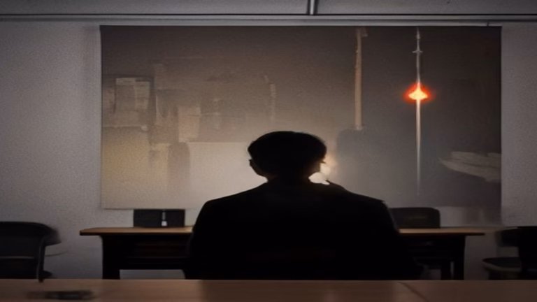 Challenger O-ring temperature decision: a lone silhouetted engineer alone at night in an empty conference room, facing a projected rocket launch lit by a single crimson glow