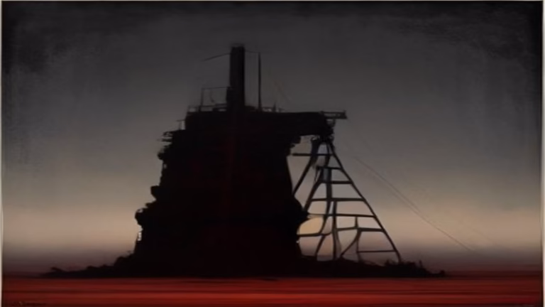 Painterly illustration of the Kola Superdeep Borehole drilling derrick silhouetted against a crimson arctic horizon