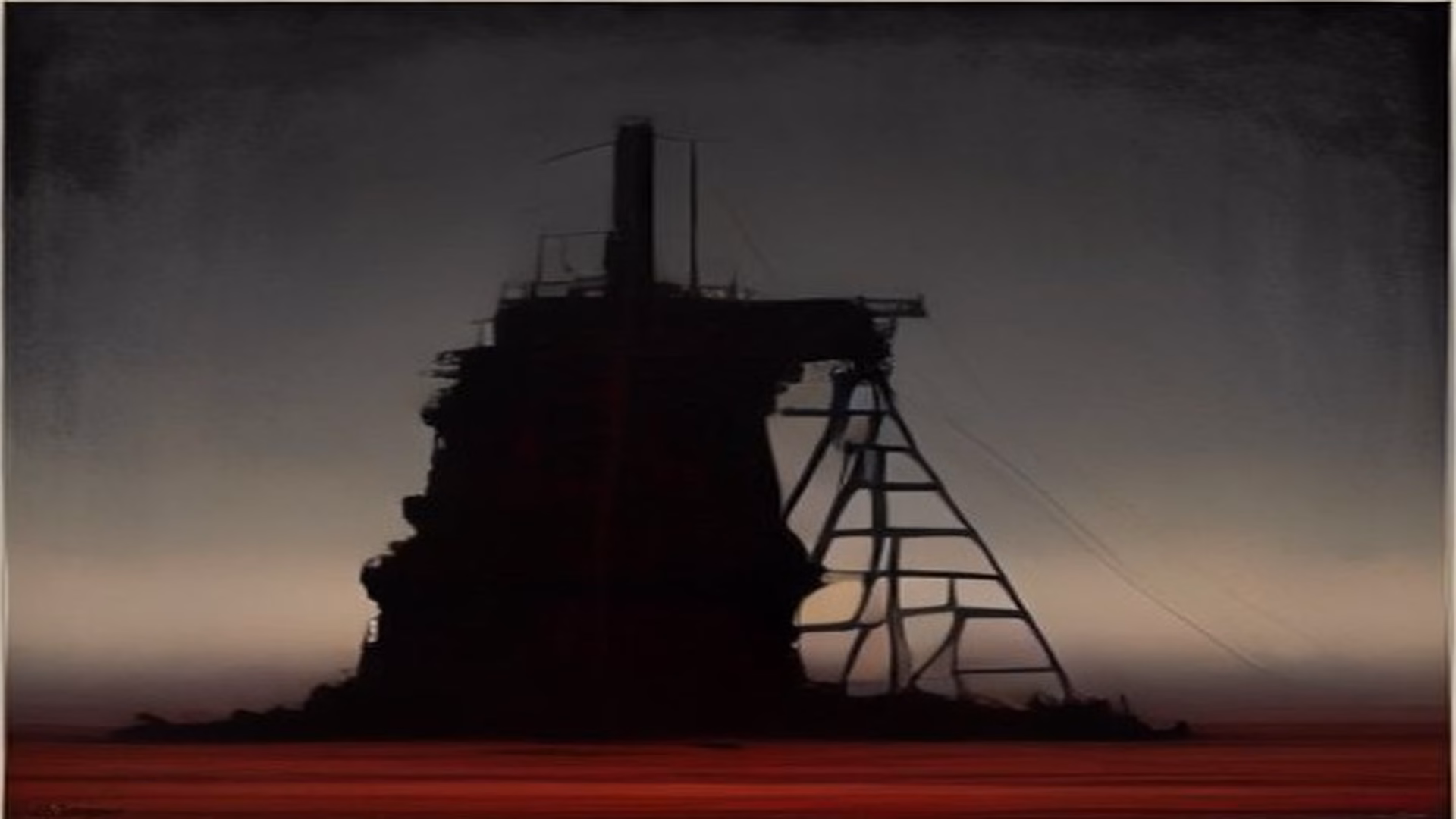 Painterly illustration of the Kola Superdeep Borehole drilling derrick silhouetted against a crimson arctic horizon