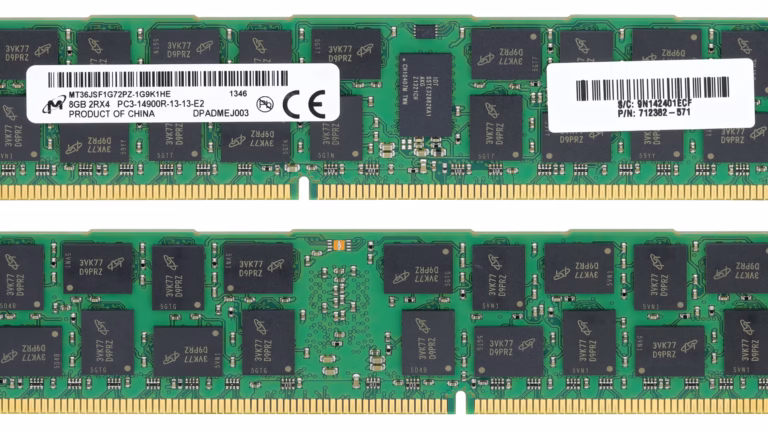 Front and back of a Micron 8 GB registered ECC DDR3 server memory module, PC3-14900R, with its rows of DRAM chips