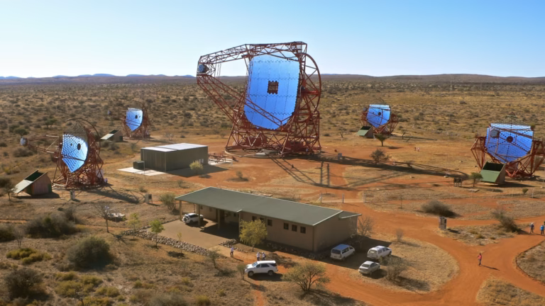 Vue aérienne des cinq miroirs paraboliques du réseau de télescopes gamma H.E.S.S. sur la plaine namibienne, avec un bâtiment de contrôle au premier plan
