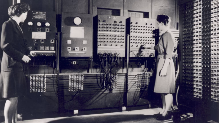 ENIAC programmers Betty Jennings and Frances Bilas setting up the computer for its public demonstration in February 1946