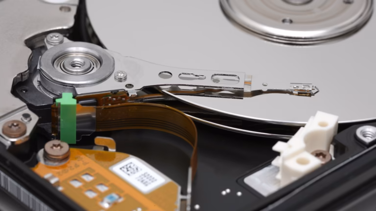 Vue macro de l'intérieur d'un disque dur d'ordinateur portable ouvert, avec la tête de lecture et d'écriture sur son bras, au-dessus du plateau poli comme un miroir