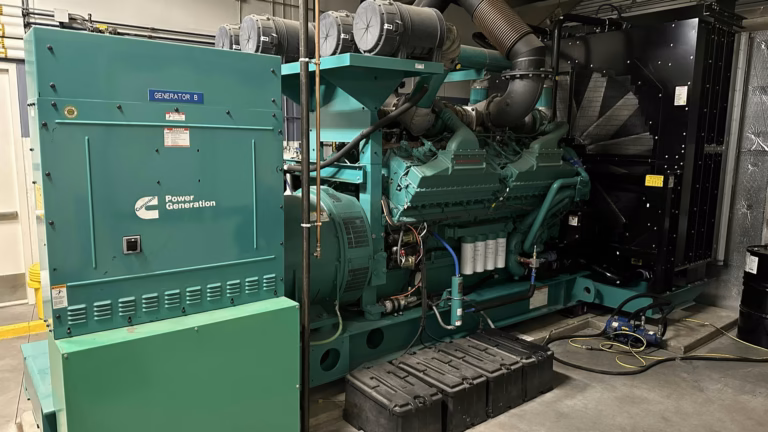 A diesel standby generator in the plant room of a data centre, with its control cabinet and starter batteries