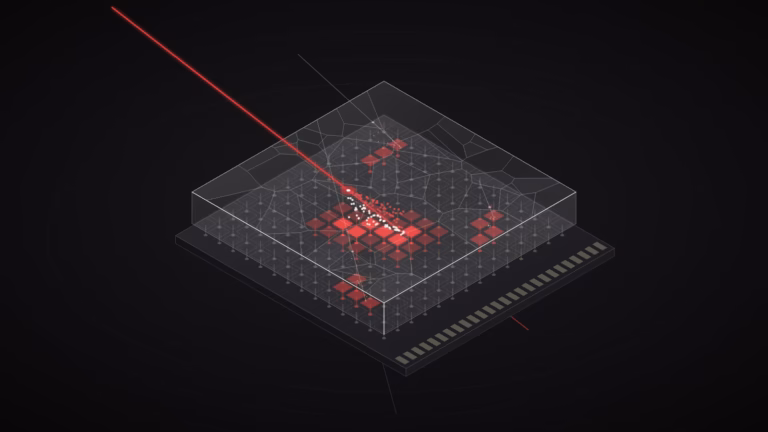 A particle track passes through a translucent polycrystalline diamond sensor bump-bonded to a pixel readout chip; the pixels beneath the track light up red.