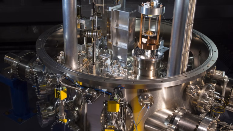 The open vacuum chamber of the NIST-4 Kibble balance, the instrument that measured the Planck constant used to redefine the kilogram, with its copper coil assembly and steel flanges
