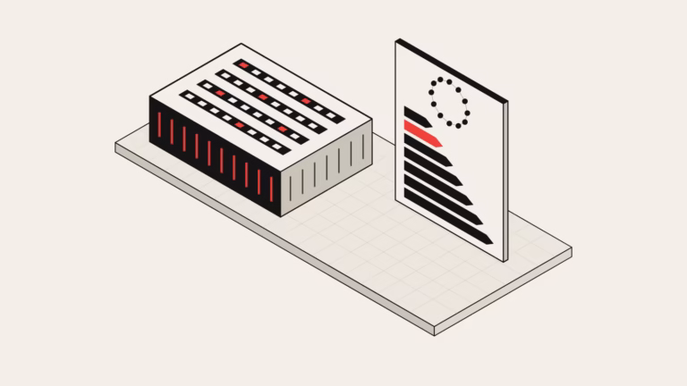 Isometric drawing of a data-centre hall beside a standing rating board with seven graded bars, one highlighted in red, under a ring of twelve dots.