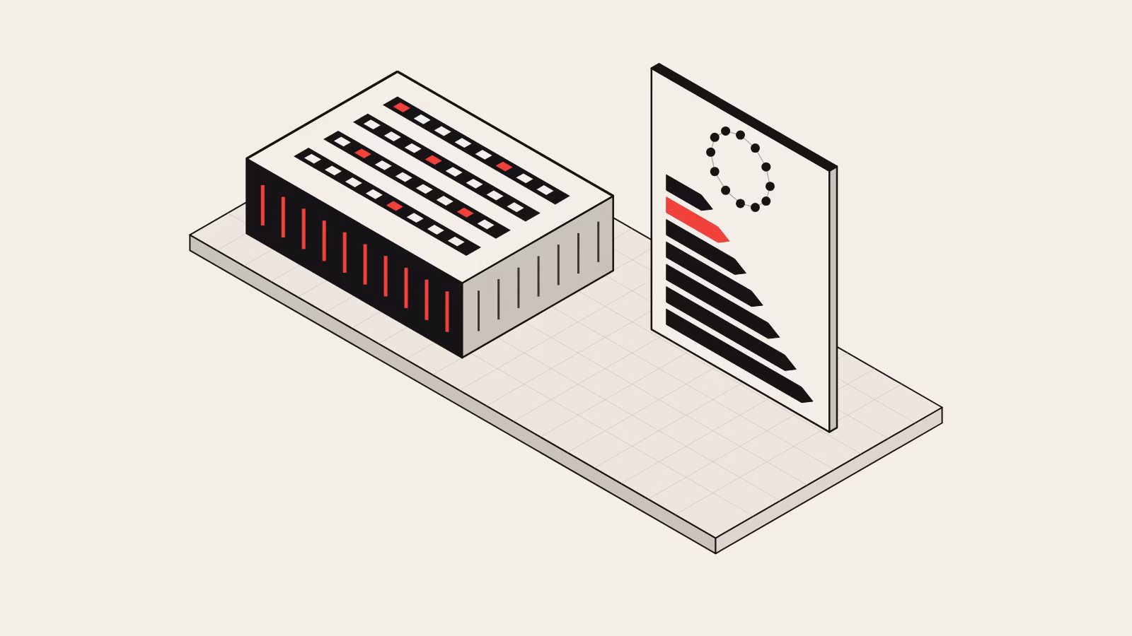 Isometric drawing of a data-centre hall beside a standing rating board with seven graded bars, one highlighted in red, under a ring of twelve dots.