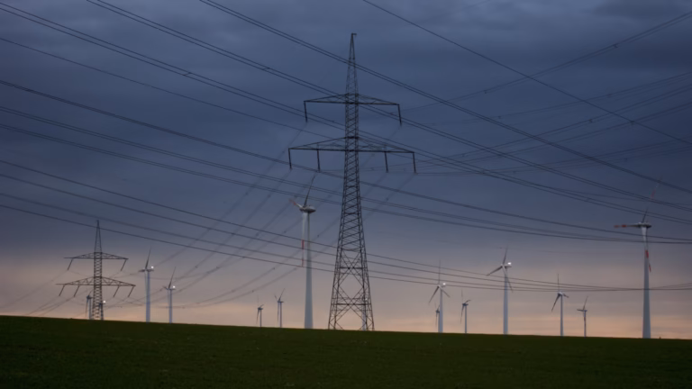 High-voltage pylons and overhead lines crossing a wind farm under an overcast evening sky near Nauen, Brandenburg, Germany.