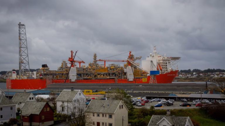 The Petrojarl Knarr floating production unit, a hull built by Samsung Heavy Industries, moored at Haugesund, Norway, with its process plant packed on deck