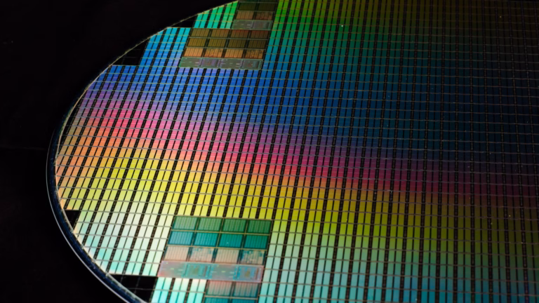 Close-up of a patterned silicon wafer, its grid of chips glowing in iridescent colours against a black background