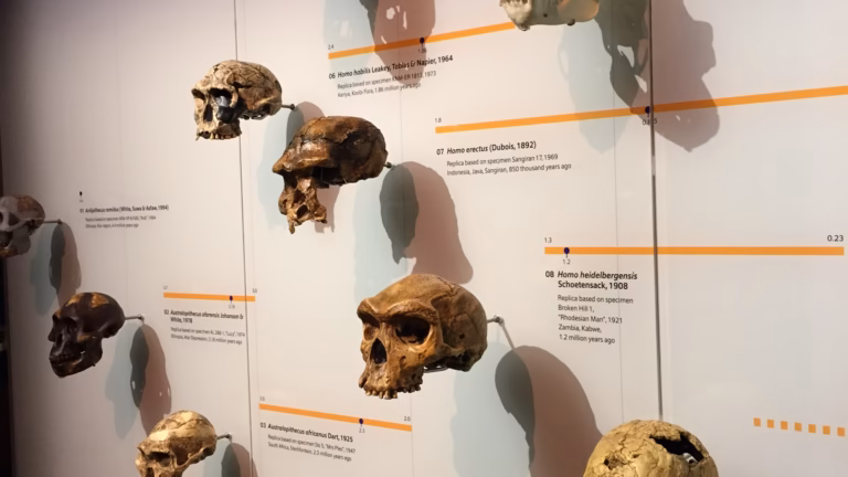 Replica skulls of human ancestors, including Homo habilis, Homo erectus and Homo heidelbergensis, mounted along a timeline at the Lee Kong Chian Natural History Museum in Singapore