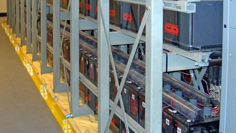 Racks of lead-acid UPS batteries in a large data centre, which carry the load until the diesel generators start