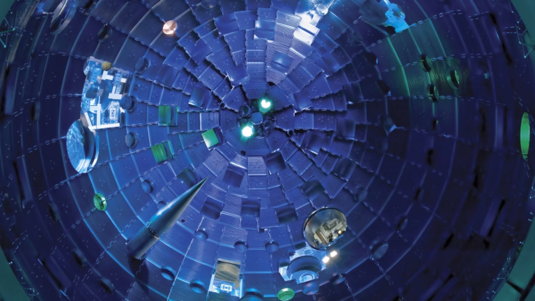 Inside the target chamber of the National Ignition Facility, looking up past the target positioner toward the ports where the laser beams converge