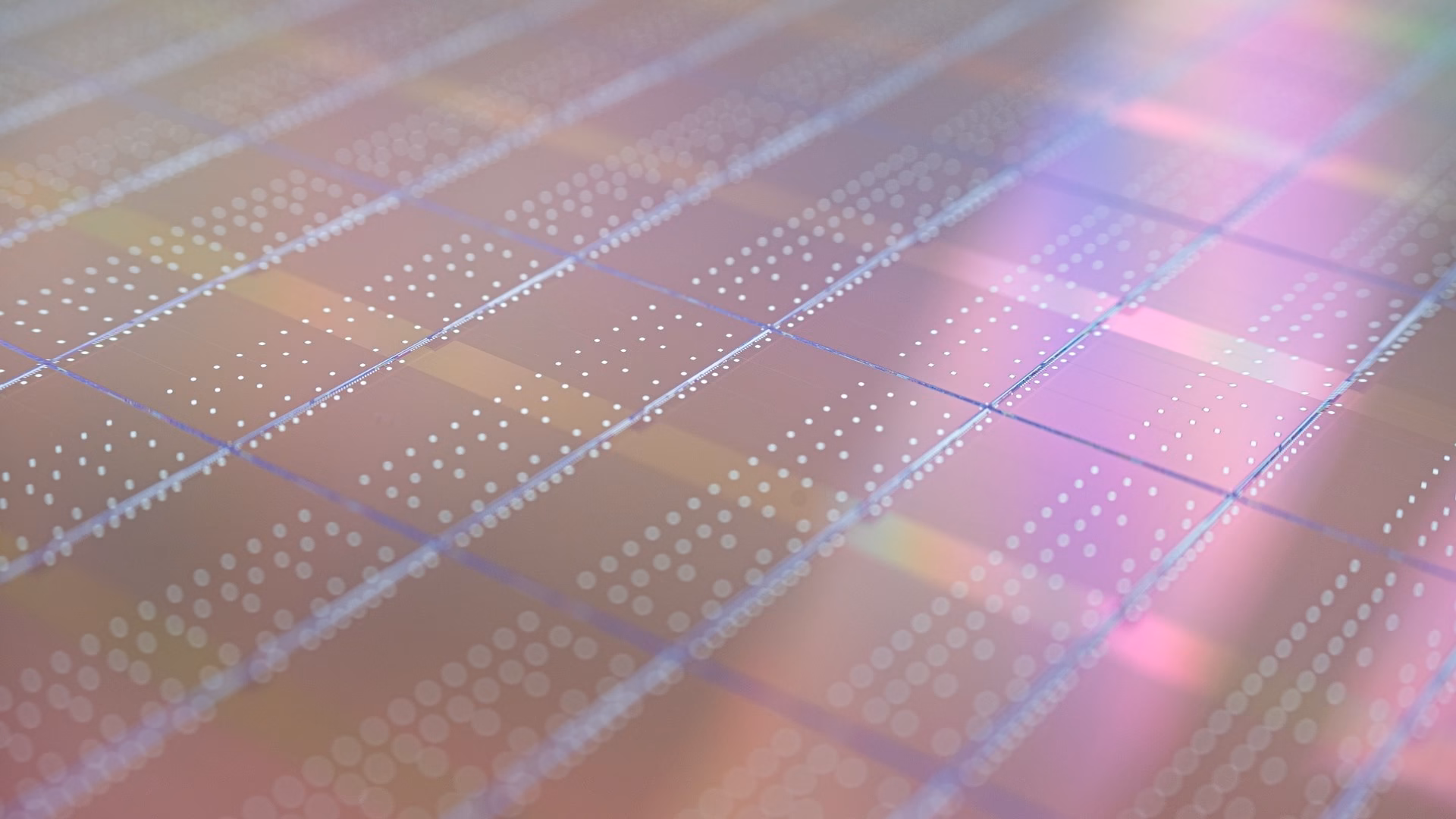 Primo piano di un wafer di silicio con chip a pixel attivi monolitici ALPIDE, i rivelatori a pixel CMOS sviluppati per l'esperimento ALICE al CERN