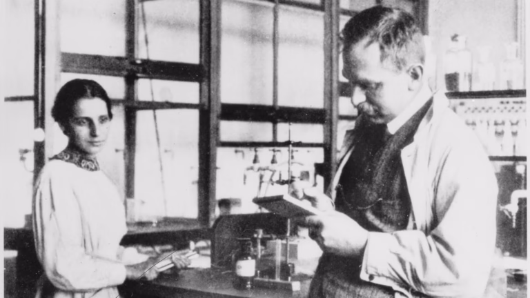 Lise Meitner and Otto Hahn in their laboratory at the Kaiser Wilhelm Institute for Chemistry in Berlin, around 1913