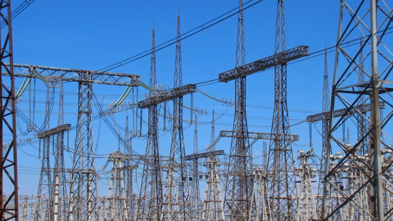 Lattice steel gantries, insulators and conductors in the switchyard of a 750 kV electrical substation