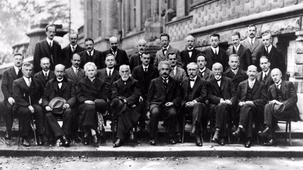 Participants of the 1927 Solvay Conference in Brussels, including Planck, Curie, Einstein, Bohr, Heisenberg, Schrödinger, Pauli and Dirac