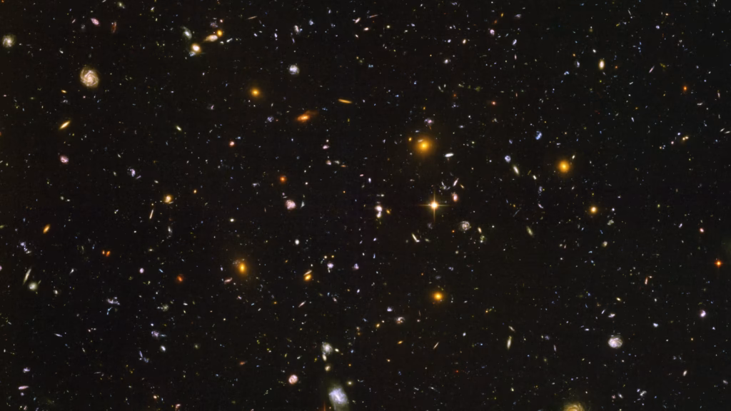 The Hubble Ultra Deep Field: thousands of galaxies of every shape and age in a tiny patch of sky in the constellation Fornax