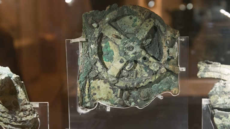 The main bronze fragment of the Antikythera mechanism, a Greek astronomical calculator from about 150-100 BC, at the National Archaeological Museum in Athens