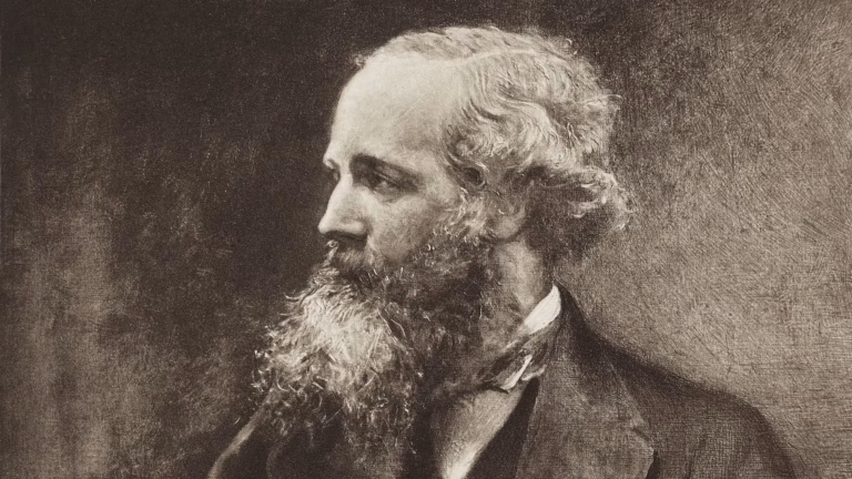 Portrait of James Clerk Maxwell in profile, with full beard and curly grey hair, from an early twentieth century photogravure